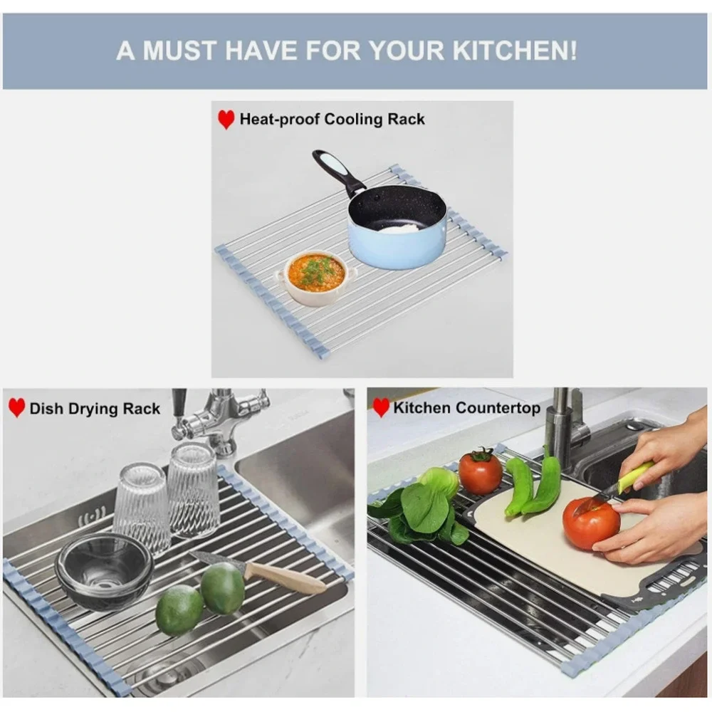 Over The Sink Roll Up Dish Drying Rack Stainless Steel Kitchen Drying Rack-Large